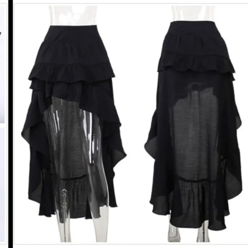 Gothic Tiered Maxi Skirt Asymmetrical High Waist Y2K Punk Grunge